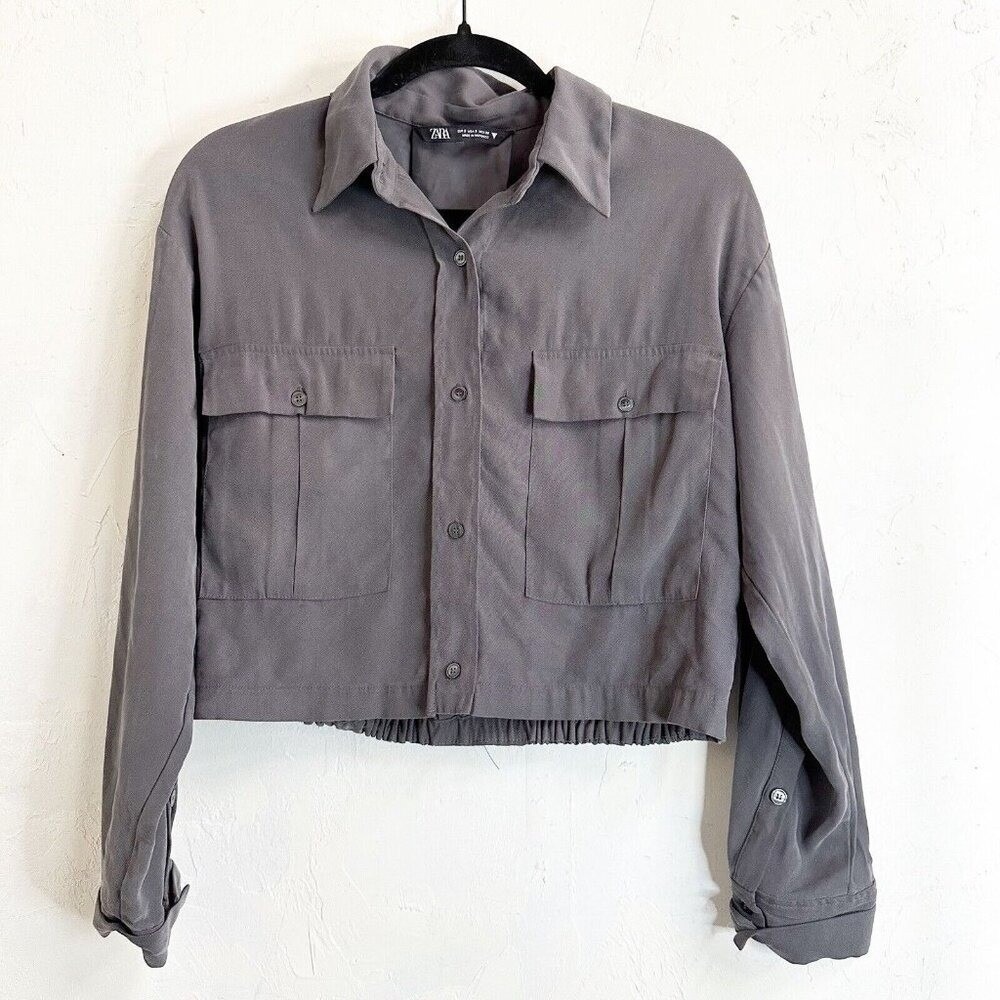 Zara Crop Button Up Womens Blouse Top Contemporary Classic Career Gray Small